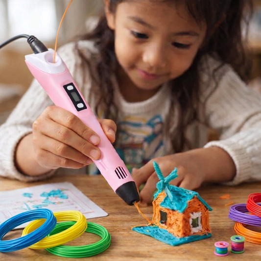 Child using a 3D printing pen to create a small model on a wooden table.