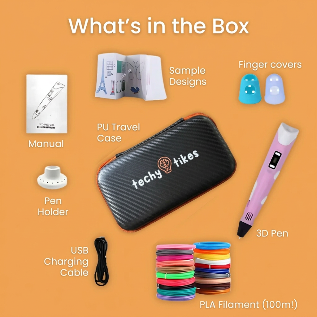 List of items included in the Techy Tikes' 3D pen for kids kit, on an orange background