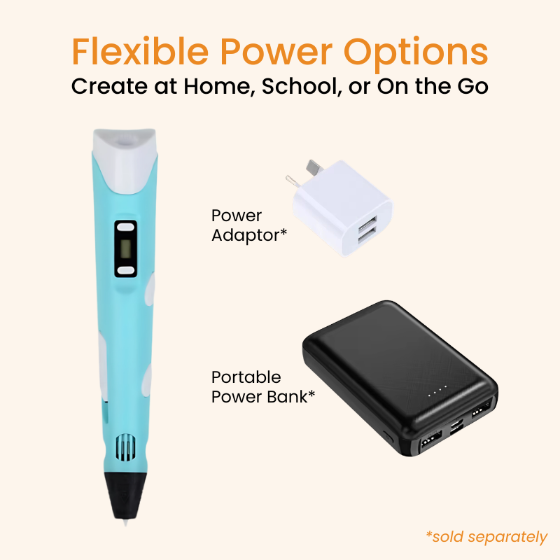 3D pen with power adapter and portable power bank on a light orange background